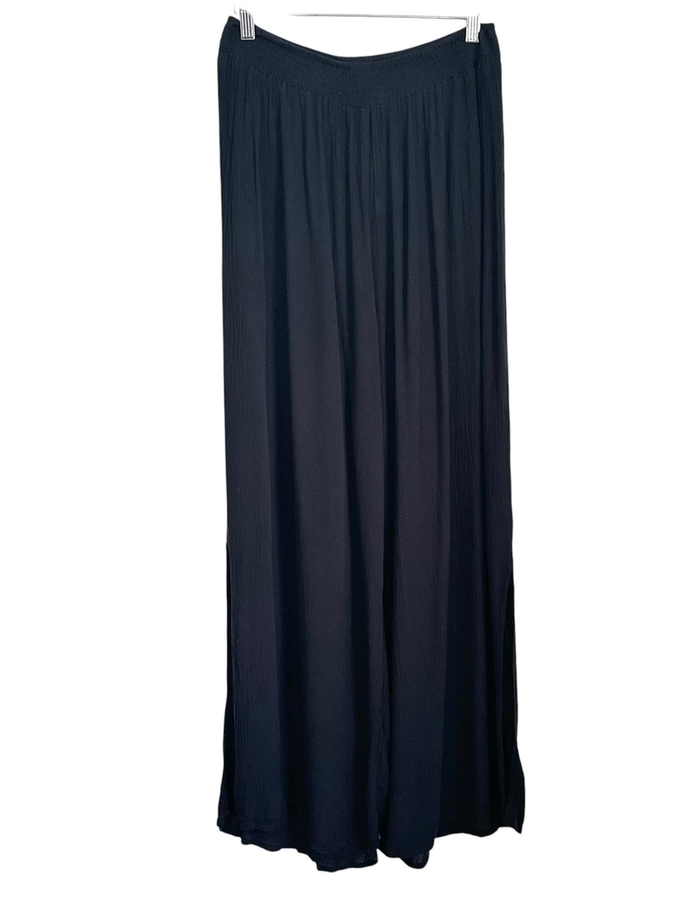 Salty Lemon Womens Wide Leg Gauze Pants Sz Large Black Side Slit Boho PullOn NEW